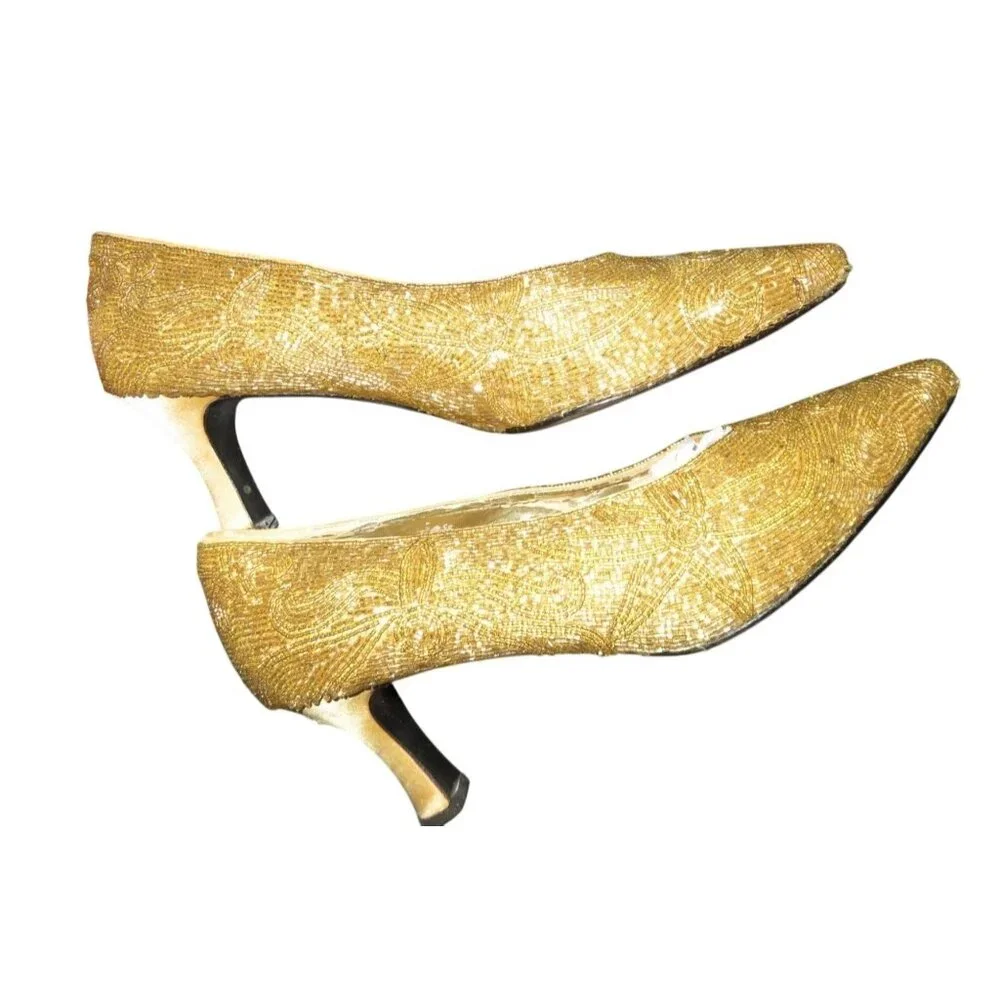 Valerie Stevens Veronica Gold Beaded Leather Kitten Heel Closed Toe Pumps